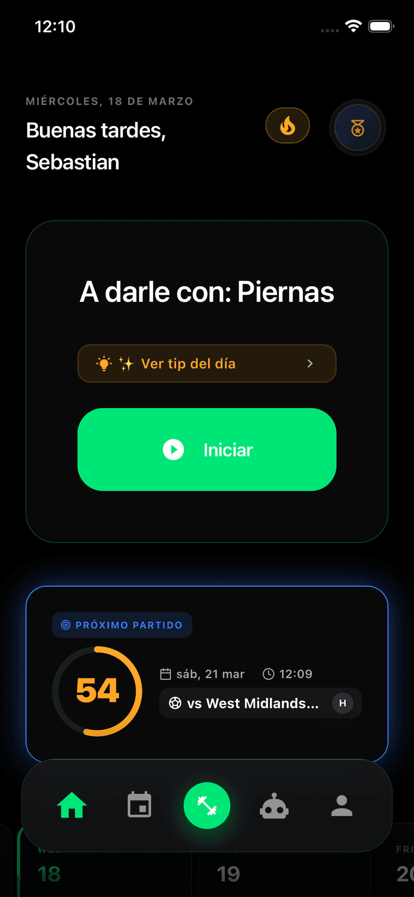 Captura de pantalla de la aplicación ballcoach mostrando el entrenador IA de fútbol