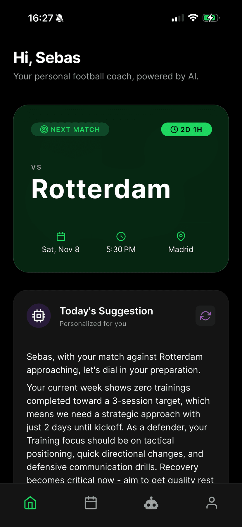 ballcoach app screenshot showing AI-powered football training coach interface